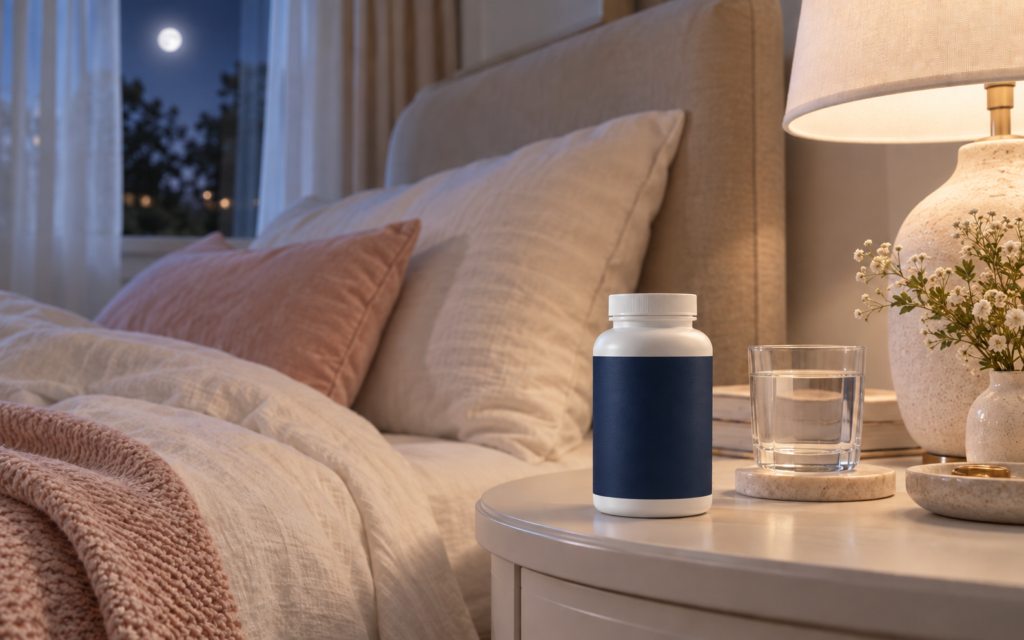 Bottle of Magnesium sitting on a nightstand beside a glass of water and a bed.
