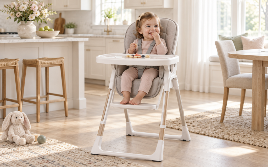Baby sitting in a high chair with parents during a family meal and starting-solids stage