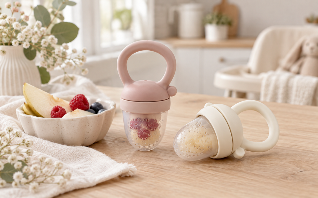 Filled silicone baby fruit feeders sitting on a table used to help introduce fresh foods during starting solids