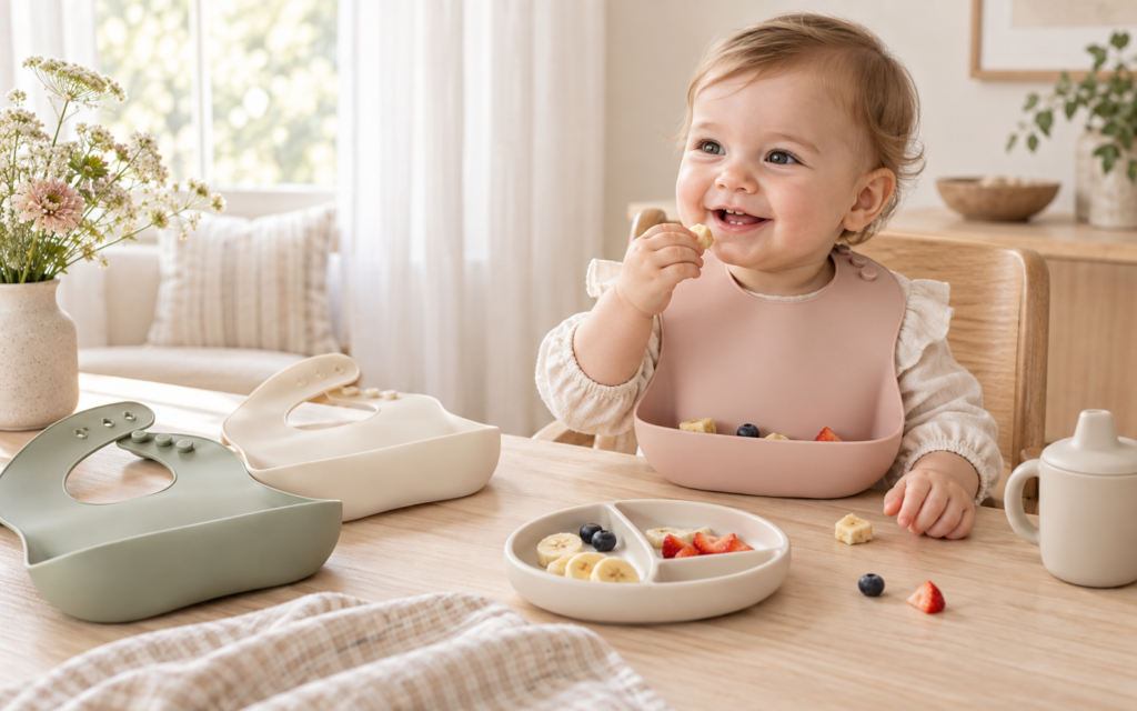 Smiling baby wearing a soft pink silicone bib with a food-catching pocket while starting solid foods