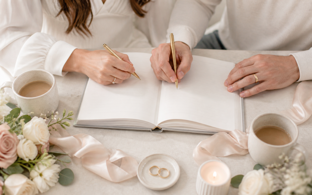 Engaged couple writing together in an open marriage journal beside wedding rings, flowers, and coffee