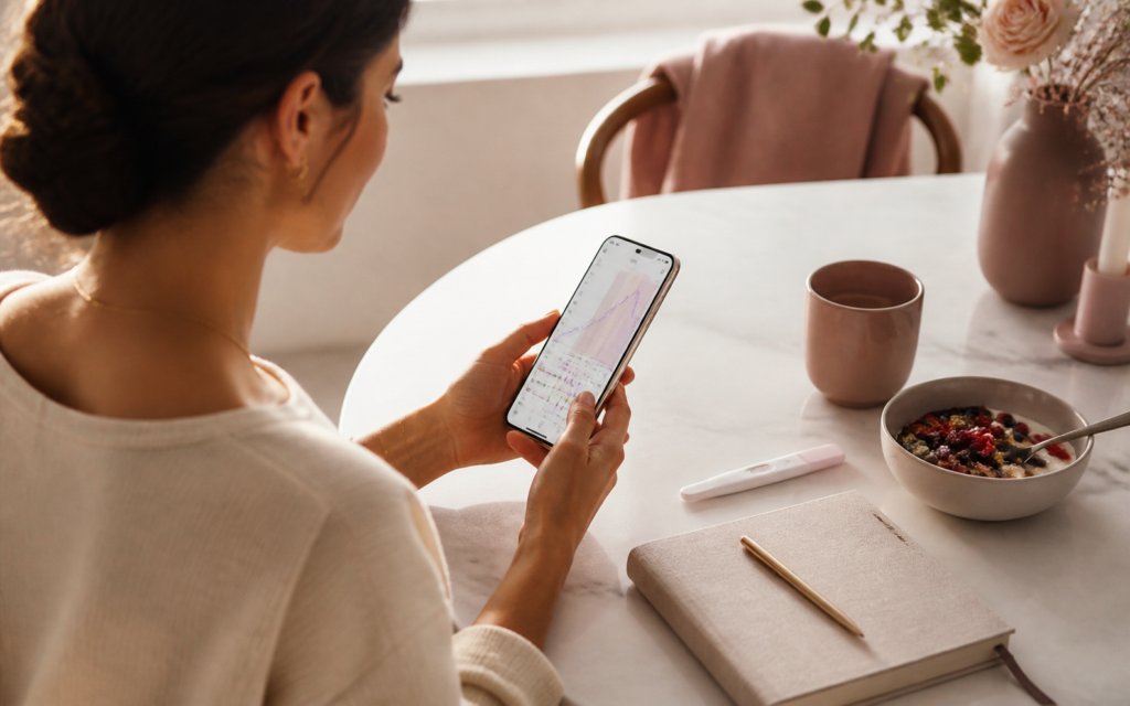 Woman reviewing fertility-hormone results from the Inito Fertility Monitor on her smartphone