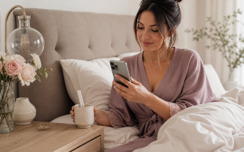 Woman using the Inito Fertility Monitor app on an iPhone 16 while sitting in bed