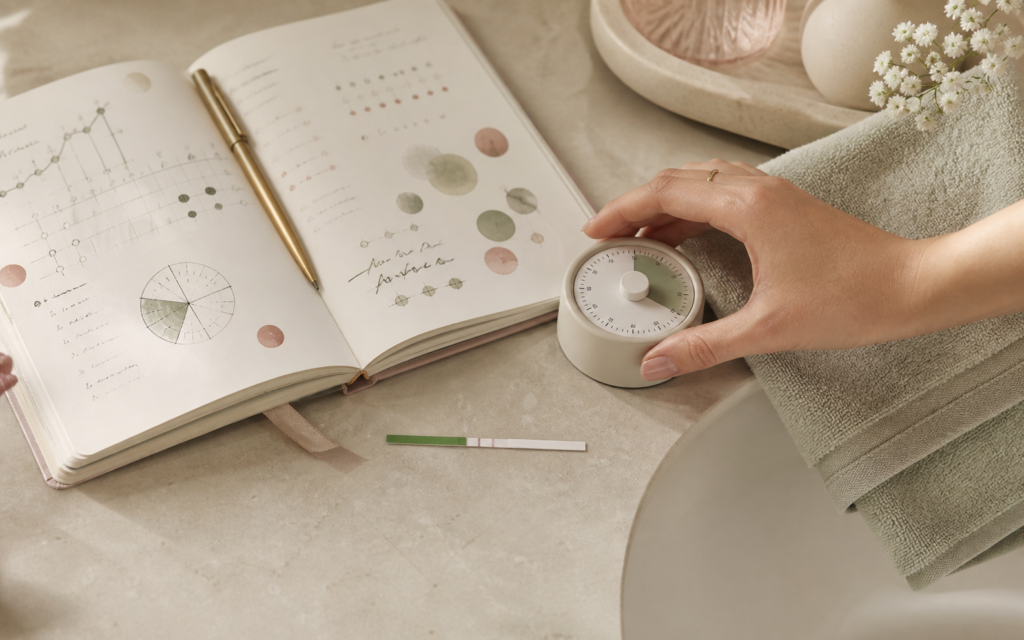 Hand using an Inito Fertility Test Strip beside a menstrual-cycle planner during at-home hormone testing