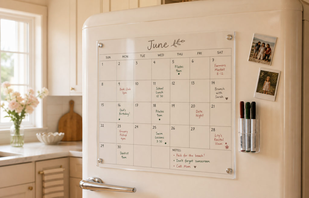 Magnetic monthly refrigerator calendar for organizing a mother’s postpartum return-to-work schedule