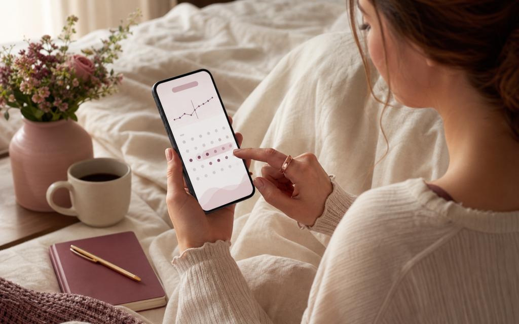 Woman wearing a deep rose-gold Oura Ring while reviewing menstrual-cycle information on her smartphone