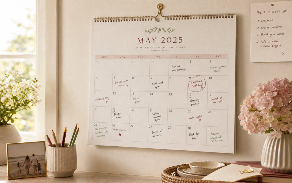 Traditional monthly wall calendar with handwritten plans for a mother returning to work postpartum