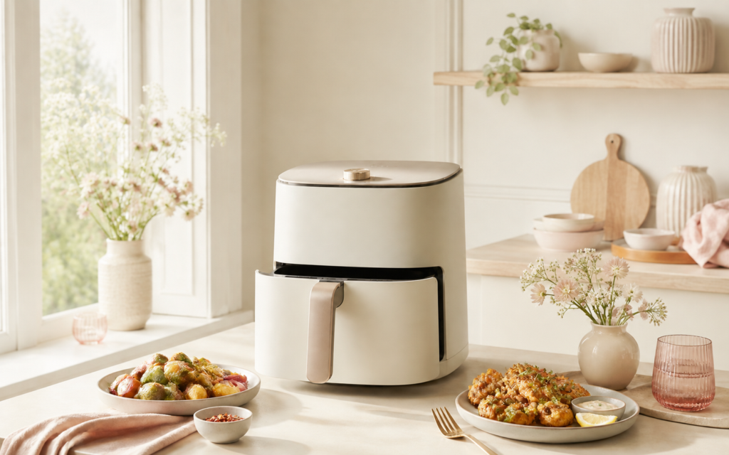 Basket-style air fryer on a kitchen counter for preparing quick family meals