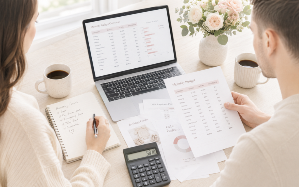 Couple reviewing a shared budget with a laptop, calculator, and financial worksheets before marriage