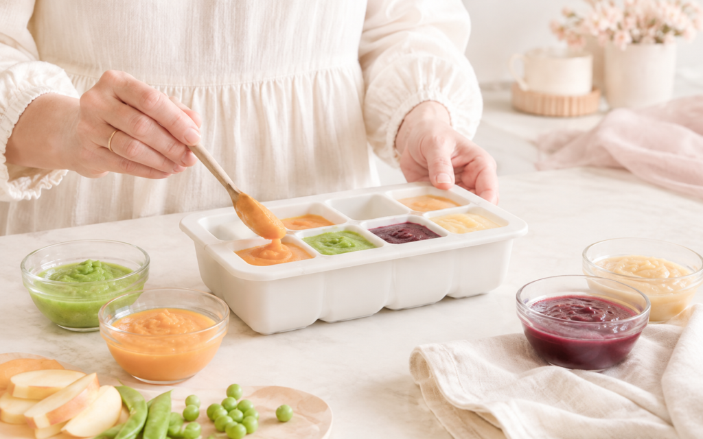 Mother portioning homemade baby food into a silicone freezer tray for starting solids