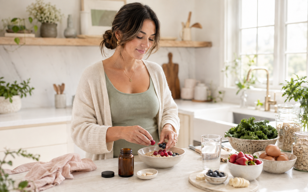 Woman taking MegaFood Baby & Me 2 Prenatal Multi with a healthy breakfast in her kitchen