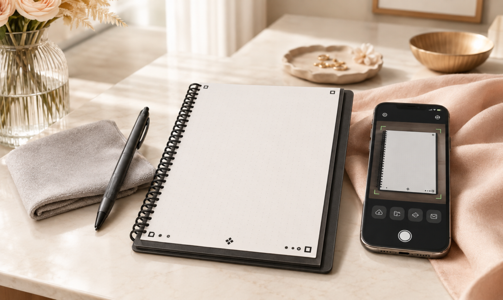 Rocketbook reusable notebook for organizing postpartum return-to-work notes and priorities
