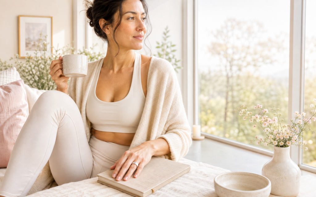 Woman wearing an Oura Ring Silver while relaxing by a window after a home workout