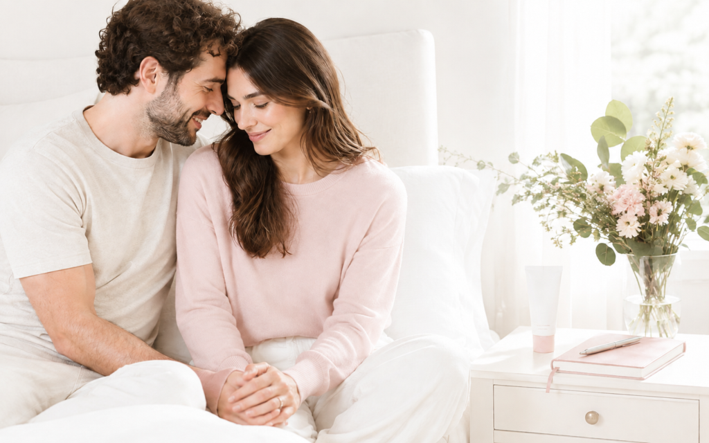 Couple sitting together on a bed with Pre-Seed fertility-friendly lubricant while trying to conceive