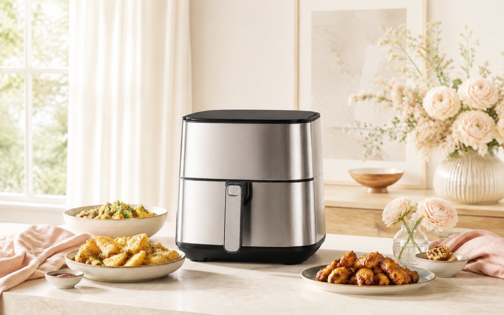 Stainless steel air fryer on a kitchen counter for preparing quick family meals