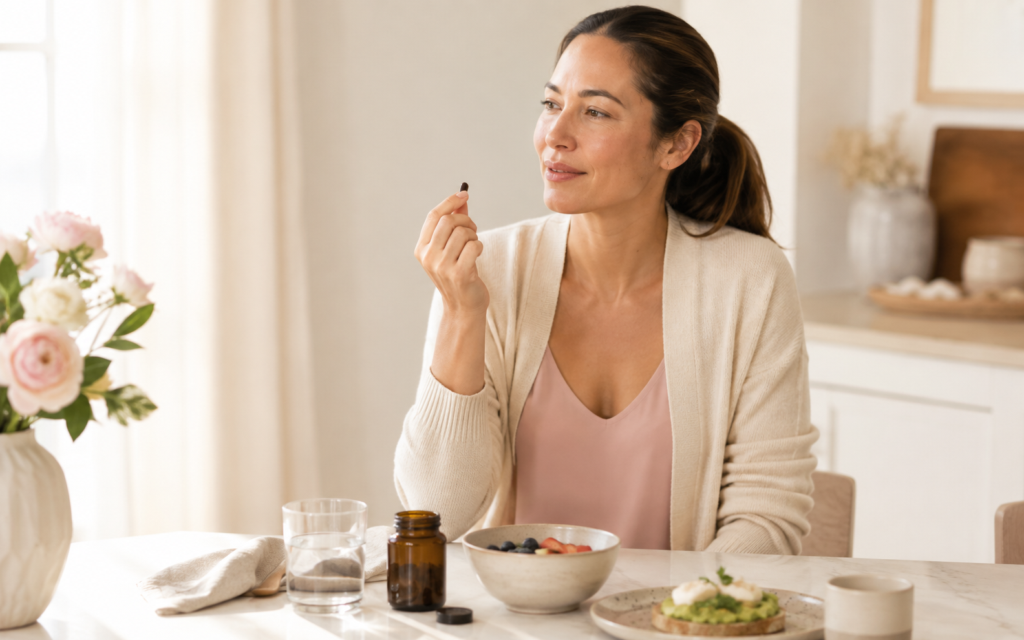Woman taking a CoQ10 supplement as part of her preconception wellness routine