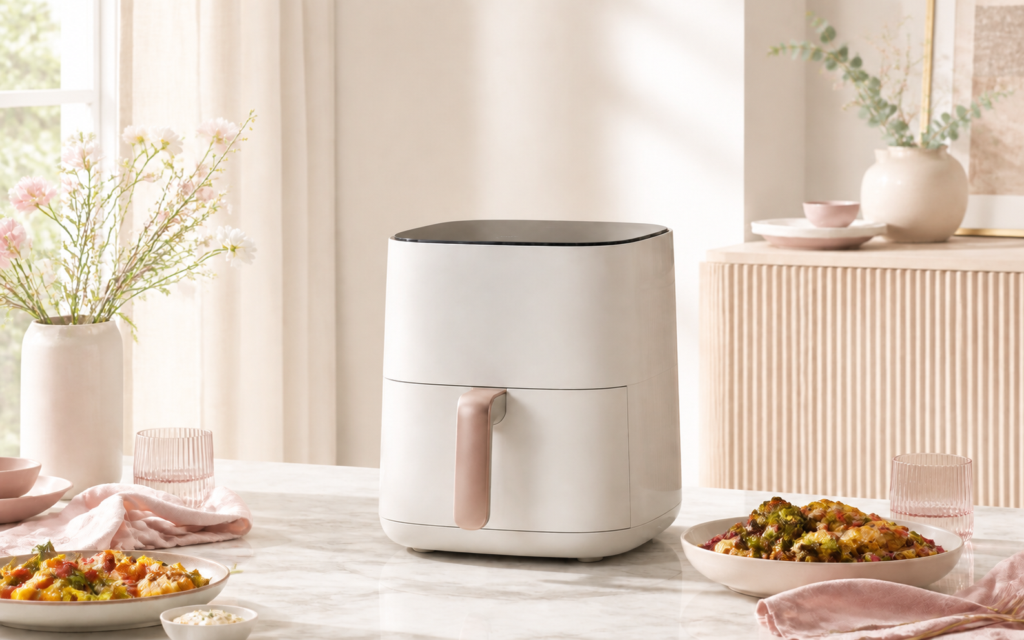 Compact air fryer on a kitchen counter for preparing quick family meals