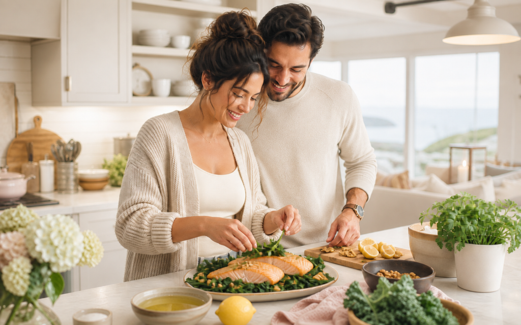 Couple preparing a meal together with Nordic Naturals Prenatal DHA omega-3 supplement in the kitchen