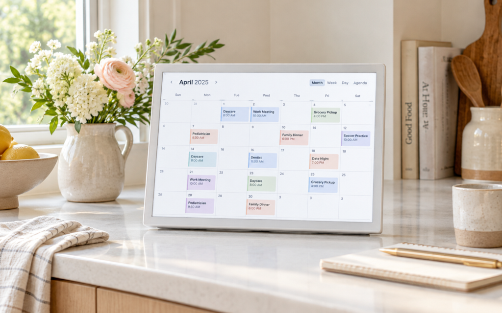 Skylight digital family calendar displaying a color-coded monthly schedule in a bright family kitchen