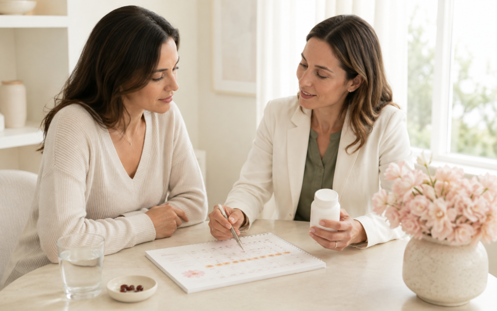 Woman discussing Thorne CoQ10 fertility supplements with a healthcare professional during a preconception consultation