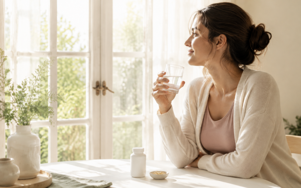 Woman holding a vitamin D3 and K2 supplement beside a sunny window as part of her preconception wellness routine